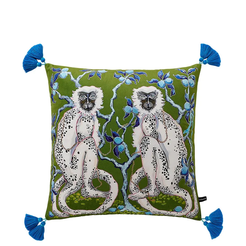 White Monkey Velvet Cushion Cover