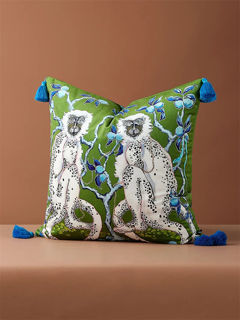 White Monkey Velvet Cushion Cover
