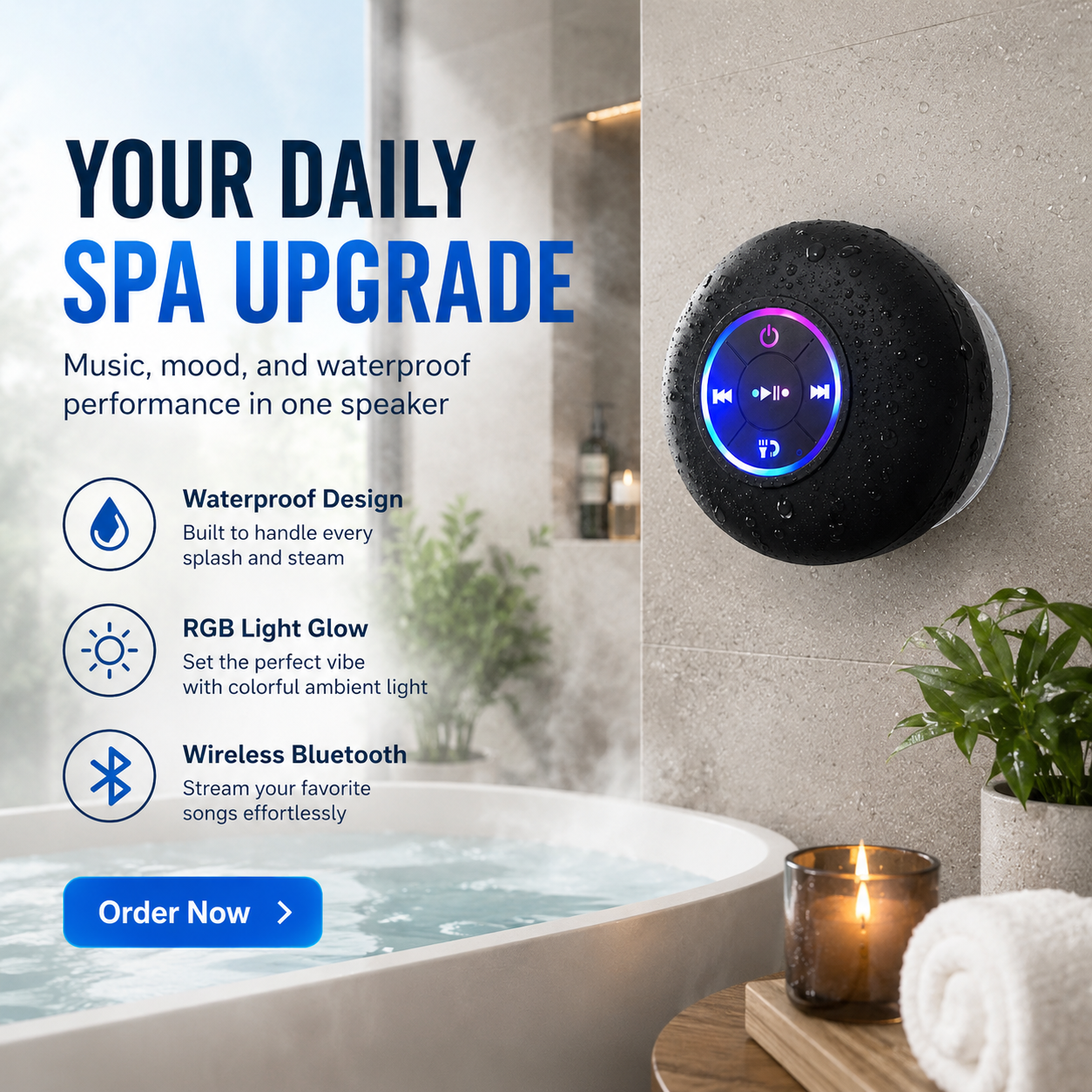 Portable Bluetooth Shower Speaker with LED Light