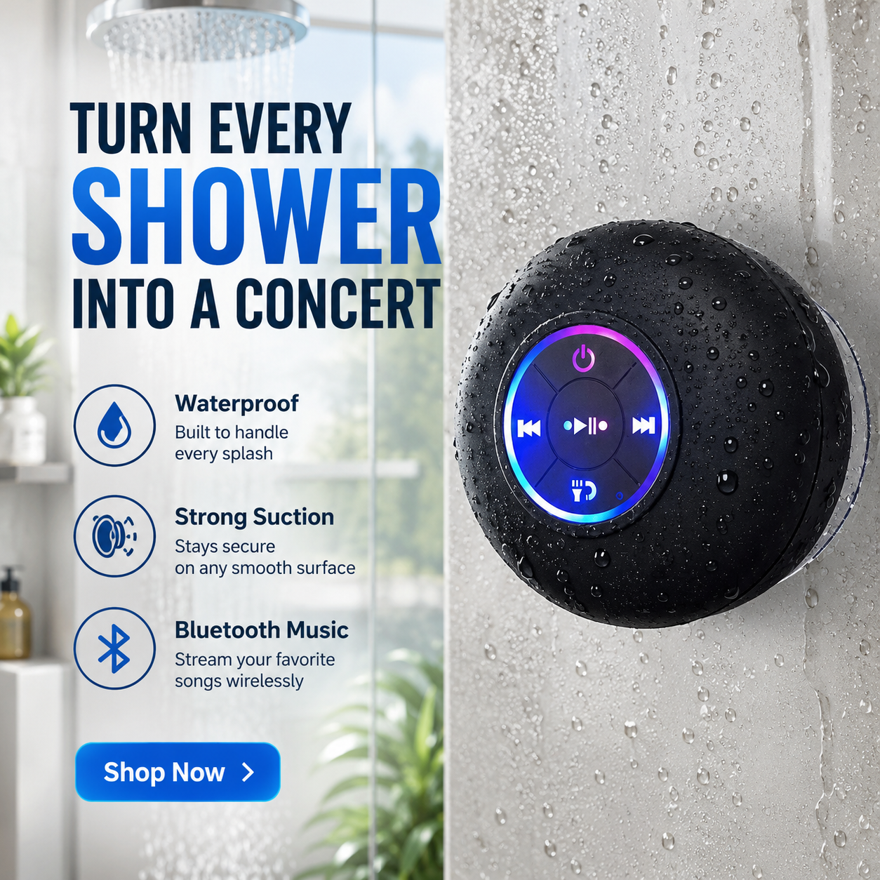 Portable Bluetooth Shower Speaker with LED Light
